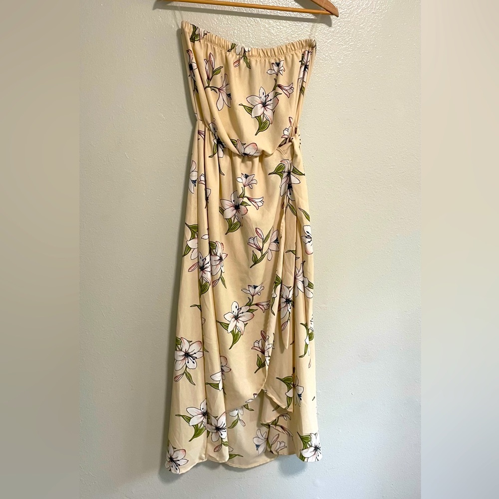 See You Monday Los Angeles Strapless Dress Floral Print Drape Hem Beige Size XL